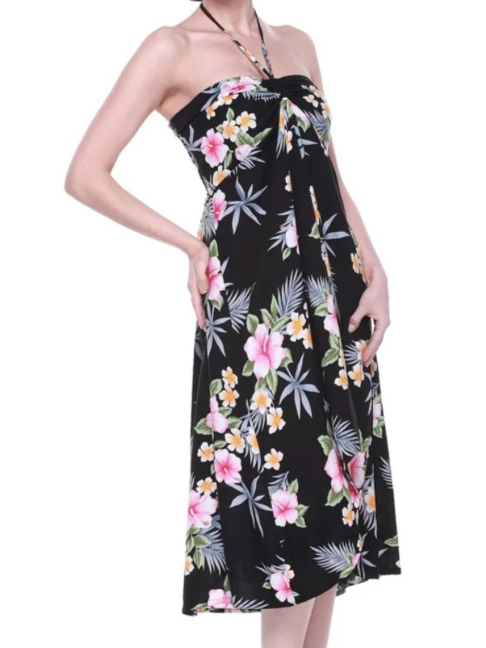Vintage Aloha Hut Hawaii Tropical Halter Midi Dress in Black with Pink & Floral